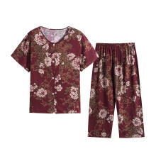 Dames zomerse pyjamaset van linnenlook (2-delig) | Top met korte mouwen, knoopsluiting en ronde hals met retroprint + broek met elastische taille |