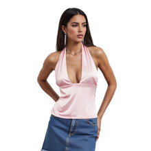 (S, Pink) Women's Halter Tank Tops Summer Trendy Solid Color Slim Fit Backless Deep V Neck Sleeveless Shirt
