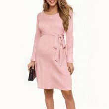 Damen-Umstandskleid mit langen Ärmeln, Rundhalsausschnitt und Gürtel, Midi-Länge, für Frühling und Herbst, geeignet für Zuhause und Outdoor,