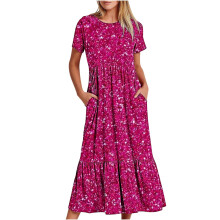 Naisten kesämekot 2024Kesäinen rento lyhythihainen pyöreäkauluksinen mekko Rento hulmuava kerrostettu maksimekko taskuilla Pinkki G XL