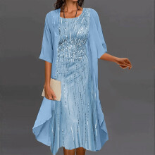 Damenkleider, Damenmode und Freizeit, elegantes bedrucktes Chiffonkleid, zweiteiliges Set, blau