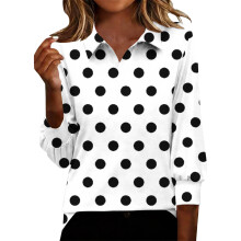 Damen-Top, lässiges bedrucktes V-Ausschnitt-Top mit schmalen 3/4-Ärmeln für den Herbst, gepunktete Bluse mit Reverskragen für Damen.