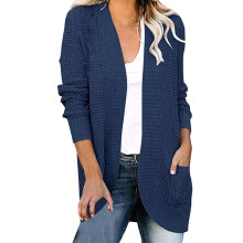 Cardigan da donna, cardigan da donna, maglioni da donna, cardigan da donna a tinta unita con abbottonatura curva e ampie tasche, giacca cardigan blu
