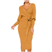 Vestidos de invierno y otoño para mujer, invitada de boda, manga larga, de punto, cuello en V, estilo suéter cálido con cierre cruzado a la cadera.