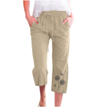 Calça Capri Feminina de Linho em Algodão e Linho com Bolsos e Estampa Floral, Estilo Casual de Verão.