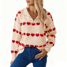 Dame Hjerteprint Lynlåstrøje Valentinsdag V-hals Top Strik Cardigan Afslappet Løs Pasform Pullover Romantisk Ferietøj S-XL
