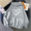 Damen-Kapuzenpullover mit Herzchen-Print, Rundhalsausschnitt, Valentinstag-Pullover, Grau, Größe S 2