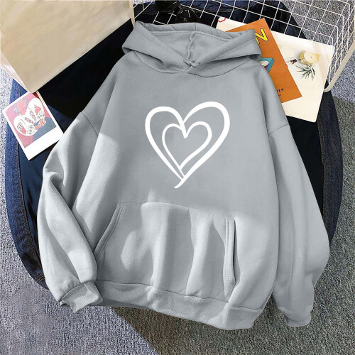 Damen-Kapuzenpullover mit Herzchen-Print, Rundhalsausschnitt, Valentinstag-Pullover, Grau, Größe S 1