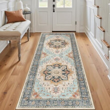 Tapis de couloir lavable 60 x 180 cm – Tapis antidérapant style vintage pour cuisine, salle de bain, couloir et buanderie (orange/bleu)