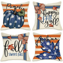 Housses de coussin décoratives « Joyeux automne », 45 x 45 cm, lot de 4, motif citrouille bleue et feuilles d'érable, pour