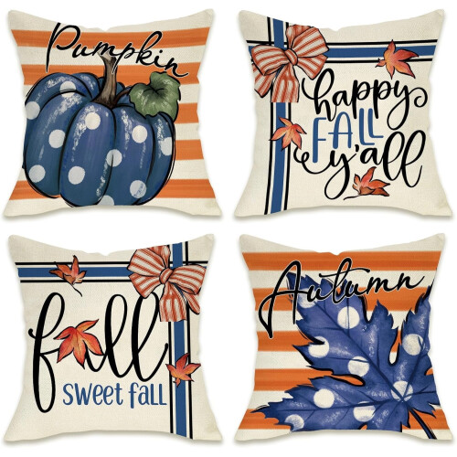 Διακοσμητικά Μαξιλαροθήκες Happy Fall 18x18, Σετ 4 τεμαχίων, Μπλε Φθινοπωρινή Κολοκύθα &
