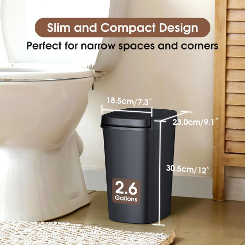 Slim10L Kunststoff-Abfalleimer mit Pressdeckel, Schwarz 1