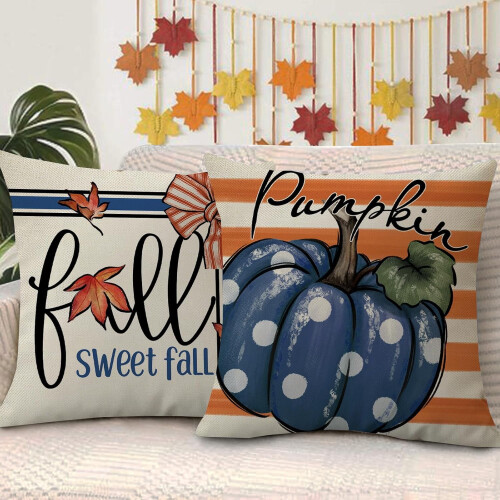 Διακοσμητικά Μαξιλαροθήκες Happy Fall 18x18, Σετ 4 τεμαχίων, Μπλε Φθινοπωρινή Κολοκύθα & 2