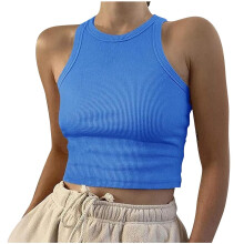 Débardeur côtelé sans manches pour femme, col rond, bretelles en dentelle florale, polyester respirant – Idéal pour les chaudes journées