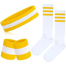Set van 5 zweetbandjes, gestreepte sokken, sporthoofdband, polsbandjes, hoge sokken, accessoires uit de jaren 80, kostuums