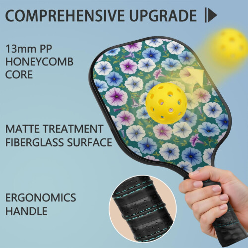 Σετ κουπιών Pickleball από fiberglass με λουλούδια και 2 μπάλες και τσάντα – Συμβατό με 1