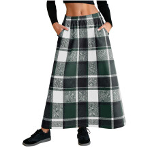 Női kockás, rugalmas derekú midi szoknya zsebekkel, 50% gyapjú/50% poliészter, magas derekú A-vonalú szoknya, plusz méret S-2XL, lezser