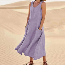 Robe d'été maxi en lin pour femme, robe décontractée sans manches, robe longue unie, robe de vacances avec poches