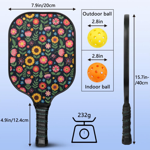 Σετ κουπιών Pickleball από fiberglass με λουλούδια και 2 μπάλες και τσάντα – Συμβατό με 2