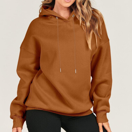 Damen Herbstoberteil, Langarm-Kapuzenpullover, einfarbig, locker geschnitten, bequem, braun 1