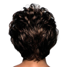 Liquidation 2024 ! Perruque en cheveux humains avec frange asymétrique, cheveux courts, bouclés et ondulés bruns colorés et duveteux –