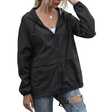 Impermeabile da donna, giacca antivento, impermeabile, leggera, con cappuccio, poncho antipioggia e tasche, nera.