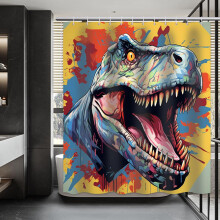 Rideau de douche dinosaure pour enfants, imperméable 183 x 183 cm, motif graffiti amusant avec 12 crochets – Compatible avec les barres de douche