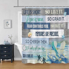 Rideau de douche style plage 183 x 213 cm – Motif étoiles de mer, coquillages et citation sur l'océan, tissu imperméable à thème nautique et