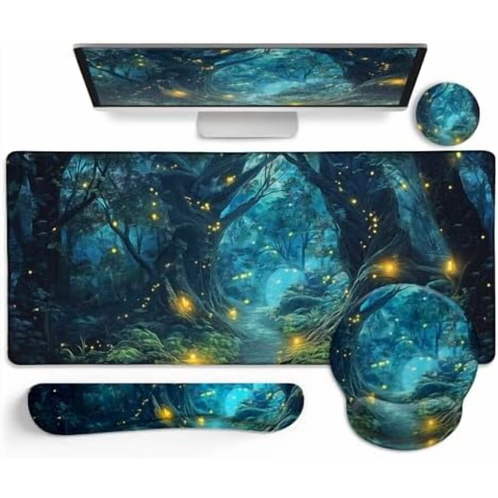 Large Ergonomic Mouse Pad Set With Wrist Rest, Keyboard Mat & Cup Coaster Â Firefly Forest Design, Compatible With All Mice 9329345968112