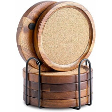 Set van 6 houten kurken onderzetters, absorberend met houder, acaciahout, rustieke boerderijstijl voor koffie-/eettafel en bureau, 11 cm