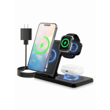 3-i-1 Hopfällbar MagSafe trådlös laddare, 15W, kompatibel med iPhone 16/15/14/13/12/11/X Pro Max och AirPods 4/3/2/Pro, LED, bärbar