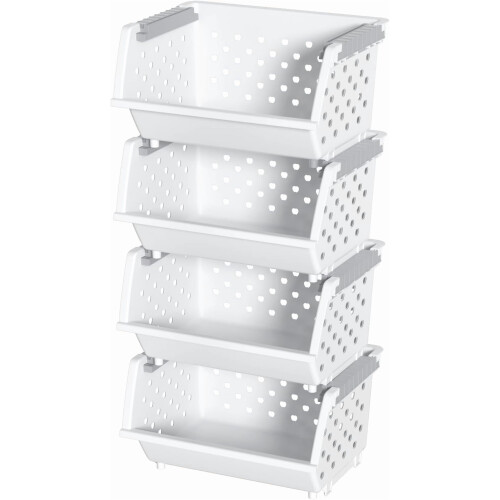 4 Pack Plastic Stacking Basket Organizer, Large Kitchen Open Front Stacking Storage Bins, White