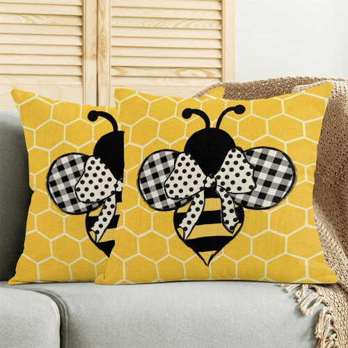 Örngott i linne, 40x40 cm, 2-pack, honungsbi-tryck 1
