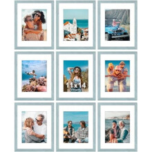 11x14 Picture Frames Set of 9, Shatter-Resistant Plexiglass, Fits 8x10 w/Mat or 11x14 w/o Mat, Rustic Blue Engineered Wood, Wall/Tabletop