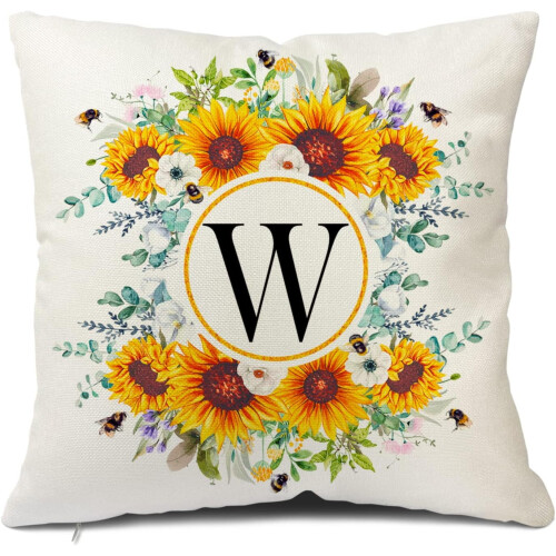 Sunflower Throw Pillow Cover with Monogram W Design18x18
