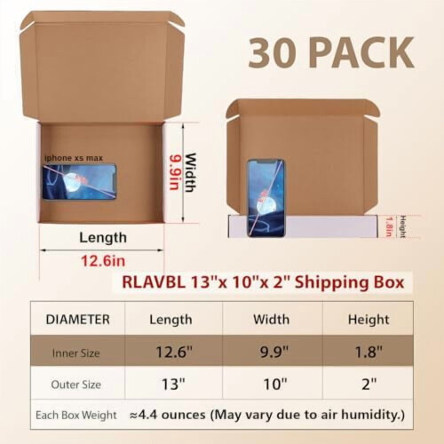 30Pack13x10x2Shipping Box, Λευκό κυματοειδές χαρτόνι Mailer Box για συσκευασία, αλληλογραφία, 1
