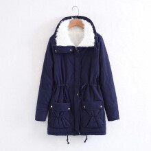 Women's Oversized Winter Jacket with Fleece Lining, Navy Solid Coat with Buttons & Pockets – Compatible with Cold Weather