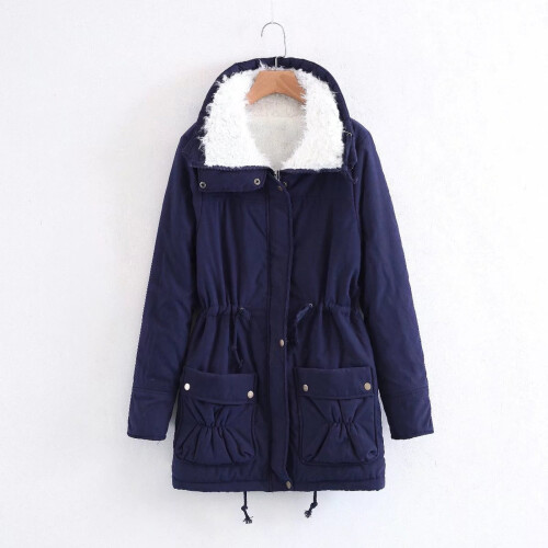 Women's Oversized Winter Jacket with Fleece Lining, Navy Solid Coat with Buttons & Pockets – Compatible with Cold Weather