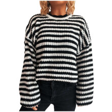 Gestreifter Damen-Strickpullover, lockere Passform, Rundhalsausschnitt, weicher Nylon-Spandex-Pullover, lange Ärmel, bequeme Freizeitkleidung,
