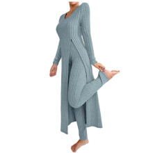 Damespyjamaset, casual effen blouse met ronde hals en lange mouwen en korte broek, comfortabele nachtkleding voor vrouwen.