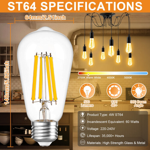 4 τεμάχια E27 Ρετρό Λάμπα LED Edison με Νήμα, Λάμπα AC220V, ST64 Γυάλινη Λάμπα, Vintage Κερί 1