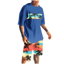 Herenshortssets, 2-delige outfits, ronde hals, print, sportief, slim fit, elastische tailleband, korte mouwen, ronde hals.