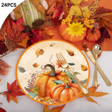 24 phíosa Plátaí Páipéir Lá an Bhuíochais, 9.06", téama Pumpkin & Mailpe, maisiúcháin an Fhómhair, indiúscartha – comhoiriúnach le