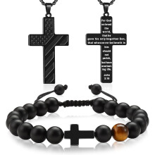 2-teiliges Set aus Halskette und Armband mit Kreuzmuster, 66 cm lange Edelstahlkette, verstellbares Armband mit Naturstein, Herrenschmuck-Geschenkidee