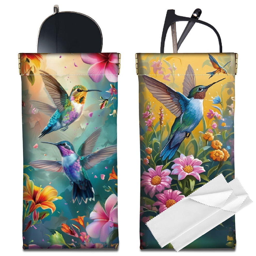 2 Pcs PU Leather Eyeglass Cases Soft Sunglasses Pouch Bags Squeeze Top Portable Glasses Cases Hummingbird Eyeglasses Holder