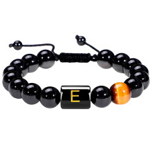 10MM sort onyx sten initial armbånd til mænd bogstav link håndlavet tigerøje perle flettet reb armbånd gaver herre armbånd
