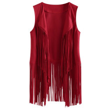 Cardigan Vest for Women 2025 Autumn Winter Suede Ethnic Sleeveless Tassels Fringed Vest Cardigan Red