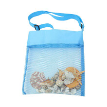 Bolsa de playa de malla para niños para conchas, juguetes de arena y artículos de natación – Correas ajustables, 9"x9", azul – Compatible con