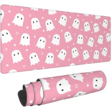Rózsaszín Cuki Ghost XL Egérpad 31.5x11.8", Halloween Kawaii Dizájn, Csúszásmentes Gumi Alap, Varrott Szélek, Minden Egérrel Kompatibilis