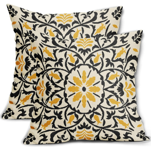 Conjunto de 2 capas de almofada boho em linho preto e amarelo, 40x40cm (16x16 polegadas).